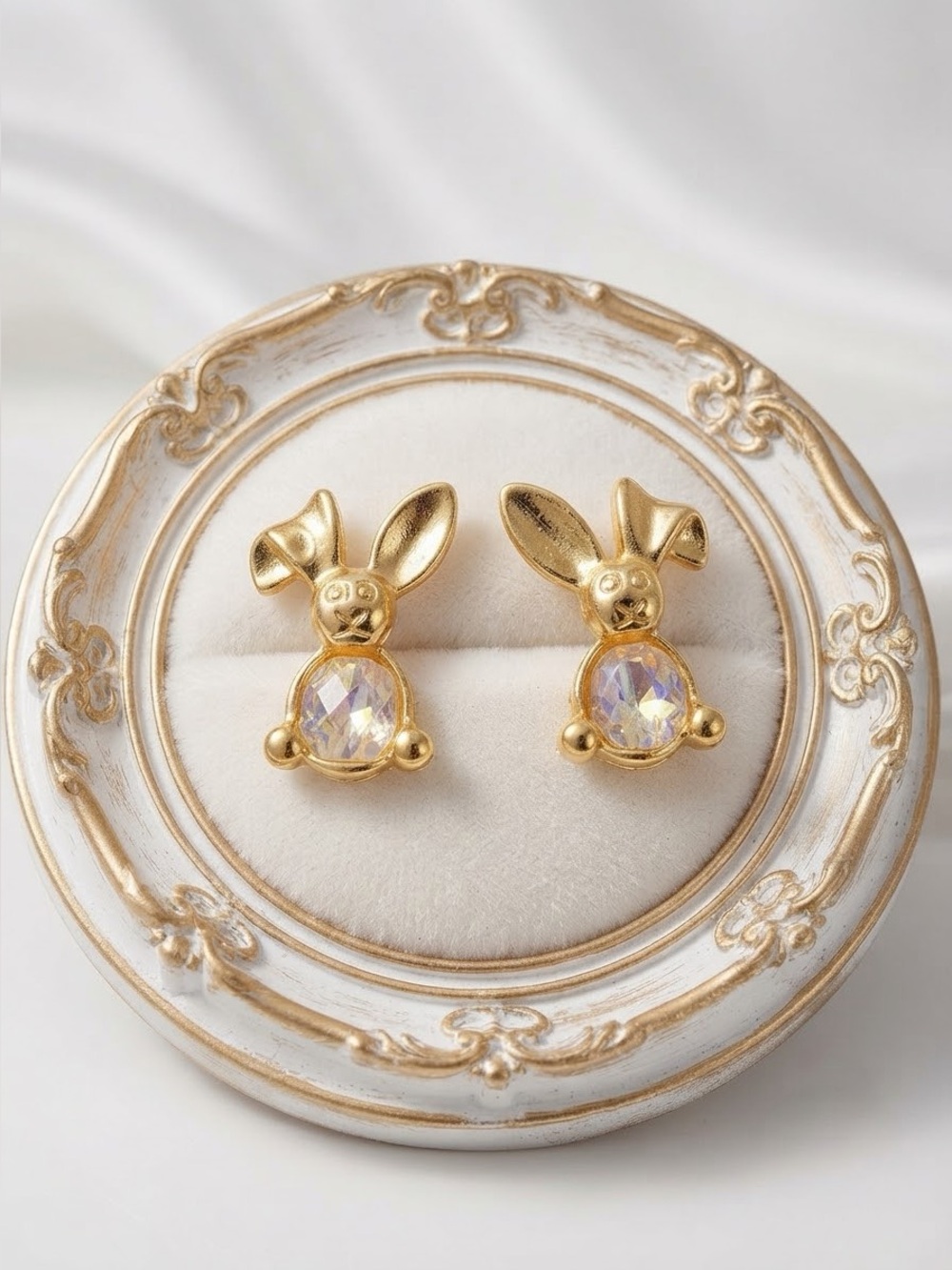 Vintage Easter Bunny Stud Earrings | Gold Tone Crystal Rabbit Earrings